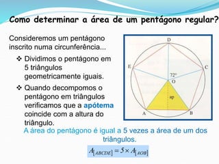 Como determinar a área de um pentágono regular?
Consideremos um pentágono
inscrito numa circunferência...
 Dividimos o pentágono em
5 triângulos
geometricamente iguais.
 Quando decompomos o
pentágono em triângulos
verificamos que a apótema
coincide com a altura do
triângulo.
A área do pentágono é igual a 5 vezes a área de um dos
triângulos.
   
AOB
ABCDE A
5
A 

 