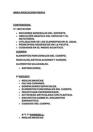 AREA EDUCACION FISICA
CONTENIDOS:
4°-NATACION
 NOCIONES GENERALES DEL DEPORTE.
 UBICACIÓN GRAFICA DEL ESPACIO Y EL
NATAT...