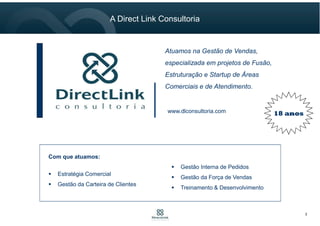 Consultoria de Vendas que
Atua na Estruturação, Fusão e
Implantação de Áreas
Comerciais.
20 anoswww.dlconsultoria.com
Com que atuamos:
Estratégia Comercial
Gestão da Carteira de Clientes
Gestão Interna de Pedidos
Gestão da Força de Vendas
Treinamento & Desenvolvimento
2
A Direct Link Consultoria
 