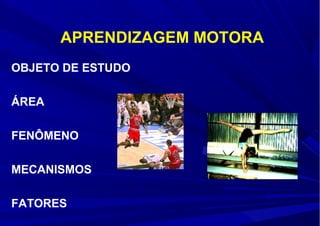 APRENDIZAGEM MOTORA
OBJETO DE ESTUDO
ÁREA
FENÔMENO
MECANISMOS
FATORES
 