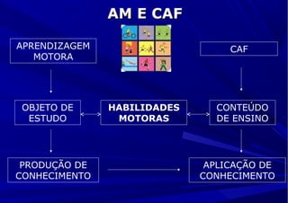 AM E CAFAM E CAF
APRENDIZAGEM
MOTORA
OBJETO DE
ESTUDO
PRODUÇÃO DE
CONHECIMENTO
HABILIDADES
MOTORAS
CAF
CONTEÚDO
DE ENSINO
APLICAÇÃO DE
CONHECIMENTO
 