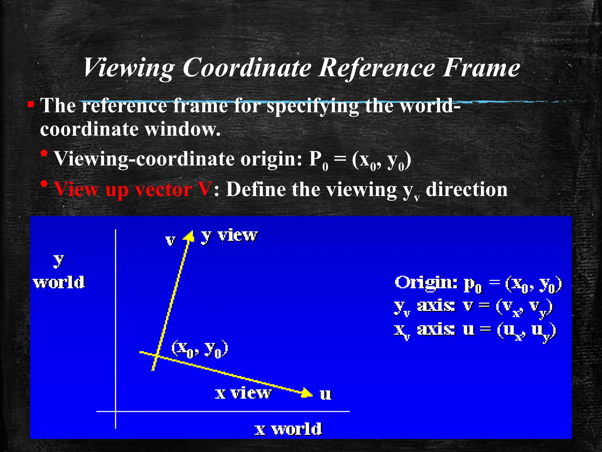 Viewing Coordinate Reference Frame
▪ The reference frame for specifying the world-
coordinate window.
• Viewing-coordinate origin: P0 = (x0, y0)
• View up vector V: Define the viewing yv direction
36
 
