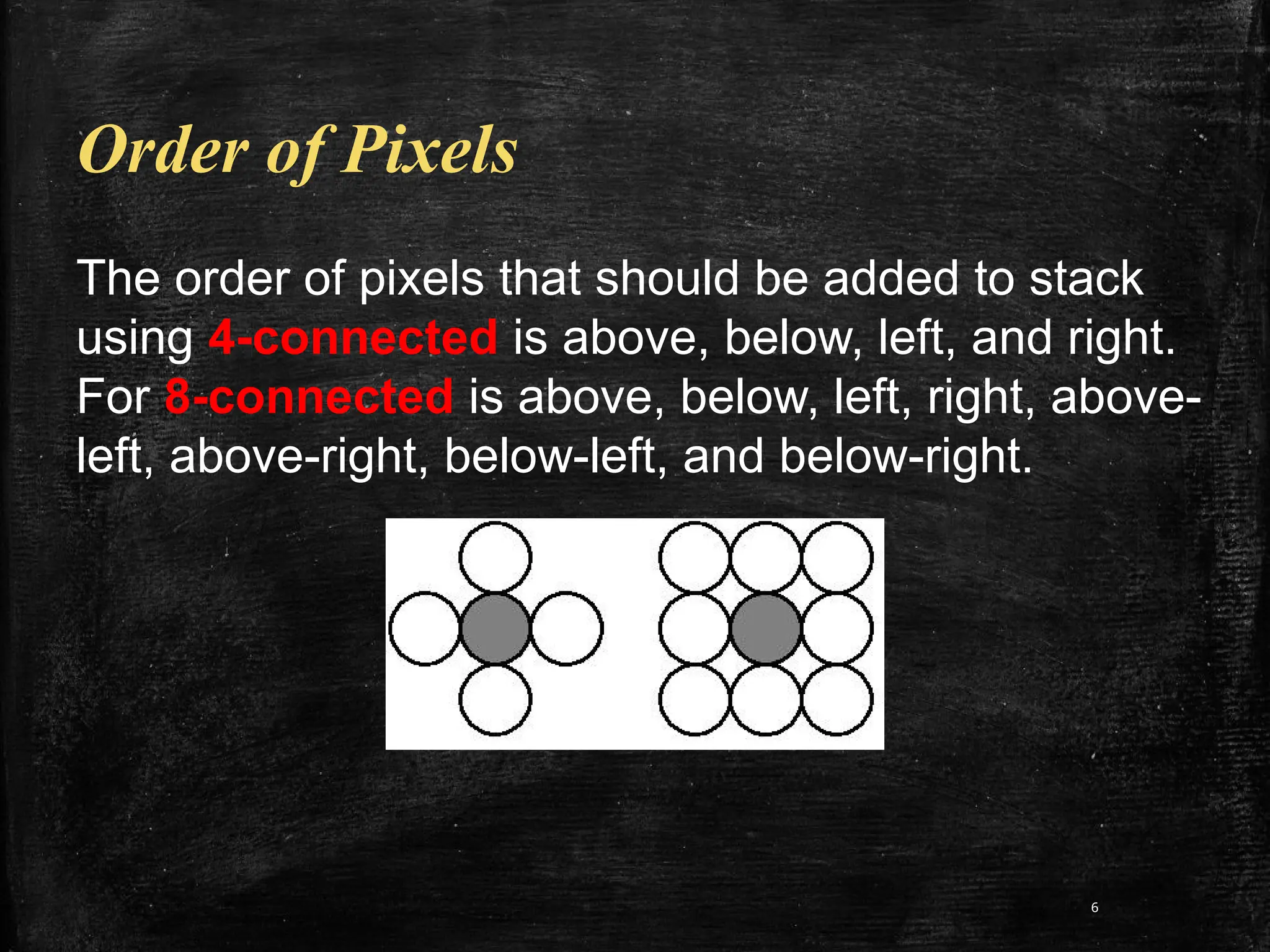 6
Order of Pixels
The order of pixels that should be added to stack
using 4-connected is above, below, left, and right.
For 8-connected is above, below, left, right, above-
left, above-right, below-left, and below-right.
 