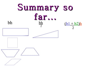 Summary so far... bh bh 2 ( b1  +  b2 ) h 2 