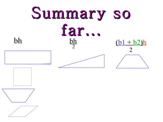 Summary so far... bh bh 2 ( b1  +  b2 ) h 2 