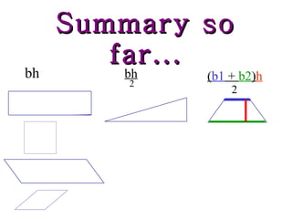 Summary so far... bh bh 2 ( b1  +  b2 ) h 2 