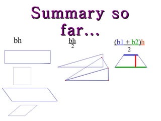 Summary so far... bh bh 2 ( b1  +  b2 ) h 2 