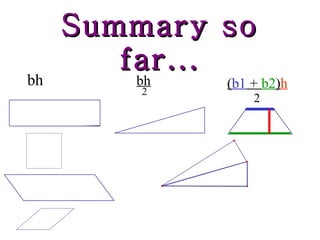 Summary so far... bh bh 2 ( b1  +  b2 ) h 2 