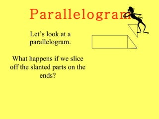 Parallelogram Let’s look at a parallelogram. What happens if we slice off the slanted parts on the ends? 
