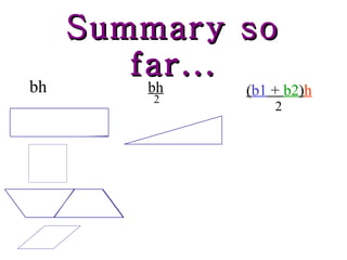 Summary so far... bh bh 2 ( b1  +  b2 ) h 2 