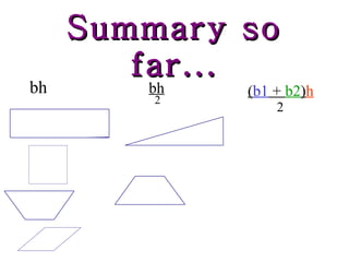 Summary so far... bh bh 2 ( b1  +  b2 ) h 2 