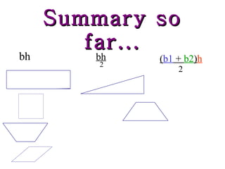 Summary so far... bh bh 2 ( b1  +  b2 ) h 2 