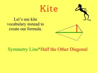 Kite Let’s use kite vocabulary instead to create our formula. Symmetry Line* Half the Other Diagonal 
