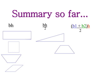 Summary so far...
bh bh
2
(b1 + b2)h
2
 