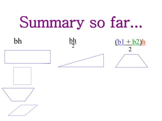 Summary so far...
bh bh
2
(b1 + b2)h
2
 