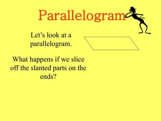 Parallelogram
Let’s look at a
parallelogram.
What happens if we slice
off the slanted parts on the
ends?
 