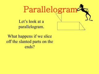 Parallelogram
Let’s look at a
parallelogram.
What happens if we slice
off the slanted parts on the
ends?
 