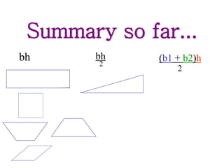 Summary so far...
bh bh
2
(b1 + b2)h
2
 