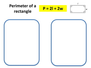 Perimeter of a
rectangle
P = 2l + 2w
 