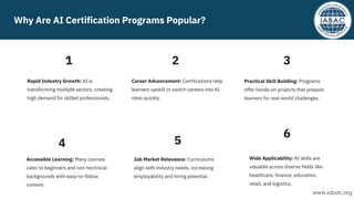 3
1
Career Advancement: Certifications help
learners upskill or switch careers into AI
roles quickly.
Job Market Relevance: Curriculums
align with industry needs, increasing
employability and hiring potential.
Wide Applicability: AI skills are
valuable across diverse fields like
healthcare, finance, education,
retail, and logistics.
Practical Skill Building: Programs
offer hands-on projects that prepare
learners for real-world challenges.
Rapid Industry Growth: AI is
transforming multiple sectors, creating
high demand for skilled professionals.
Accessible Learning: Many courses
cater to beginners and non-technical
backgrounds with easy-to-follow
content.
Why Are AI Certification Programs Popular?
2
4 5
6
www.iabac.org
 