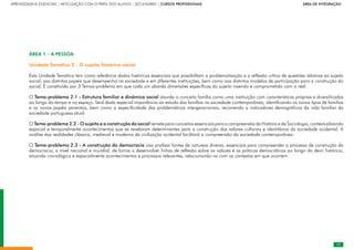 17
APRENDIZAGENS ESSENCIAIS | ARTICULAÇÃO COM O PERFIL DOS ALUNOS | SECUNDÁRIO | CURSOS PROFISSIONAIS        ÁREA DE INTEGRAÇÃO
17
ÁREA 1 - A PESSOA
Unidade Temática 2 - O sujeito histórico-social
Esta Unidade Temática tem como referência dados históricos essenciais que possibilitam a problematização e a reflexão crítica de questões relativas ao sujeito
social, aos distintos papéis que desempenha na sociedade e em diferentes instituições, bem como aos distintos modelos de participação para a construção do
social. É constituída por 3 Temas-problema em que cada um aborda dimensões específicas do sujeito inserido e comprometido com o real.
O Tema-problema 2.1 - Estrutura familiar e dinâmica social aborda o conceito família como uma instituição com características próprias e diversificadas
ao longo do tempo e no espaço. Será dada especial importância ao estudo das famílias na sociedade contemporânea, identificando os novos tipos de famílias
e os novos papéis parentais, bem como a especificidade das problemáticas intergeracionais, recorrendo a indicadores demográficos da vida familiar da
sociedade portuguesa atual.
O Tema-problema 2.2 - O sujeito e a construção do social remete para conceitos essenciais para a compreensão da História e da Sociologia, contextualizando
espacial e temporalmente acontecimentos que se revelaram determinantes para a construção dos valores culturais e identitários da sociedade ocidental. A
análise das realidades clássica, medieval e moderna da civilização ocidental facilitará a compreensão da sociedade contemporânea.
O Tema-problema 2.3 - A construção da democracia visa analisar fontes de natureza diversa, essenciais para compreender o processo de construção da
democracia, a nível nacional e mundial, de forma a desenvolver linhas de reflexão sobre os valores e as práticas democráticas ao longo do devir histórico,
situando cronológica e espacialmente acontecimentos e processos relevantes, relacionando-os com os contextos em que ocorrem.
 