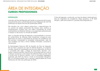 ÁREA DE INTEGRAÇÃO
CURSOS PROFISSIONAIS
APRENDIZAGENS ESSENCIAIS | ARTICULAÇÃO COM O PERFIL DOS ALUNOS | SECUNDÁRIO		       JULHO 2020
A Área de Integração, constituindo uma área de saberes interdisciplinares,
deve ser integradora de competências. Nessa perspetiva, as AE desta
disciplina estão estruturadas em 3 grandes Áreas designadas por:
INTRODUÇÃO
A disciplina de Área de Integração está inserida na componente de formação
sociocultural da matriz curricular-base dos Cursos Profissionais de nível 4 de
qualificação do Quadro Nacional de Qualificações (QNQ).
Esta disciplina tem como objetivo proporcionar o desenvolvimento de
um conjunto de saberes provenientes das diversas áreas científicas e,
simultaneamente, contribuir para uma melhor compreensão do mundo
contemporâneo nas diferentes vertentes e uma preparação esclarecida para
a inserção na vida social e no mercado de trabalho.
Assim, na disciplina de Área de Integração a transversalidade e o encontro
de conhecimentos de diferentes áreas disciplinares conjugam-se para
desenvolver nos jovens a capacidade de aquisição de competências que
lhes permitem compreender as sociedades contemporâneas, cada vez
mais complexas, de modo a formar cidadãos informados, conscientes e
intervenientes.
As Aprendizagens Essenciais (AE) da disciplina de Área de Integração
têm por base o programa em vigor da referida disciplina, um programa
inovador, assente em metodologias que procuram desenvolver nos alunos
a curiosidade pelo saber, o desejo de experimentar, descobrir, criar,
realizar, cooperar e partilhar. Estas AE foram construídas tendo em conta as
mudanças conceptuais e instrumentais das diferentes Áreas que têm vindo
a ocorrer tanto no domínio científico, como no paradigma pedagógico
sustentado pelo Perfil dos Alunos à Saída da Escolaridade Obrigatória
(PA), em articulação estreita com a natureza e especificidade dos Cursos
Profissionais de nível 4 de qualificação do QNQ.
 