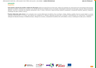 24
APRENDIZAGENS ESSENCIAIS | ARTICULAÇÃO COM O PERFIL DOS ALUNOS | SECUNDÁRIO | CURSOS PROFISSIONAIS        ÁREA DE INTEGRAÇÃO
AVALIAÇÃO
(Sugestões)
Instrumentos e técnicas de recolha e registo de informação (grelhas de registo/fichas de observação, grelhas de progressão de conhecimentos de autoavaliação/metacognição)
referentes ao trabalho, individual e/ou em grupo, para aferição de áreas de competências de comunicação, interpretação e tratamento de informação, segundo critérios previamente
definidos, raciocínio e resolução de problemas, pensamento crítico e criativo, autonomia e desenvolvimento pessoal e interpessoal, compreensão temporal, espacial, contextual e
mobilização de saber científico e técnico.
Produtos elaborados pelos alunos como produções orais e escritas (elaboração de relatórios, friso cronológico, sínteses, debates, questões-chave em suporte digital, ou outros)
realizados individualmente ou em grupo, para aferição de competências na utilização adequada de fontes para a produção e aprofundamento do conhecimento, consolidação e
utilização de referentes de tempo e unidades de tempo, utilização de conceitos, compreensão da existência de continuidades e ruturas e mobilização do saber para a cidadania.
 