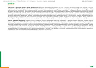 39
APRENDIZAGENS ESSENCIAIS | ARTICULAÇÃO COM O PERFIL DOS ALUNOS | SECUNDÁRIO | CURSOS PROFISSIONAIS        ÁREA DE INTEGRAÇÃO
39
AVALIAÇÃO
(Sugestões)
Instrumentos e técnicas de recolha e registo de informação referentes ao desempenho, individual e/ou em grupo, e processos de coavaliação entre pares, mediante a aplicação
de critérios específicos de avaliação, evidenciando níveis de complexidade, previamente definidos e negociados com os alunos, que permitam regular as aprendizagens e aferir o
desenvolvimento de competências de recolha e validação de informação recolhida (pesquisa, seleção, análise, inventariação e divulgação de produtos em diferentes formatos),
de trabalho de campo (motivação, envolvimento nas tarefas, observação direta, formulação de questões pertinentes), de expressão escrita (apresentação e organização de ideias,
variedade e propriedade do conteúdo, síntese com visão crítica pertinente, correção ortográfica e vocabulário adequado ao conteúdo e revelador do domínio de terminologia
específica), de produções gráficas e/ou cartográficas (adequação do título ao propósito da informação recolhida/disponibilizada, identificação das fontes respetivas, atualidade e
pertinência da informação representada, aplicação rigorosa das normas e especificações técnicas da representação gráfica e/ou cartográfica, utilização de vocabulário técnico),
de comunicação oral (organização de ideias, criatividade, pensamento crítico, informação e conteúdos, qualidade da intervenção, adequação ao tempo, clareza no discurso e
terminologia científica) e de trabalho colaborativo (cooperação, partilha, colaboração, competição, sentido de responsabilidade e interação com tolerância e empatia).
Produtos elaborados pelos alunos (inventário, guião de trabalho de campo de levantamento de situações problemáticas a diferentes escalas de observação, portefólio, gráficos,
mapas analógicos e/ou digitais, diário de bordo/relatório de visita de estudo, situações de comunicação oral, plano e guiões de debate com vista à resolução de problemas
identificados), com eventual articulação com algumas disciplinas das componentes de formação sociocultural e científica e/ou com a componente de formação tecnológica, para
aferição de competências de informação e comunicação (avaliar e validar os dados recolhidos, cruzando diferentes fontes de informação para testar a sua credibilidade, organizar
e apresentar um produto de acordo com um plano), de resolução de problemas (levantar e analisar as questões a investigar, definir e executar estratégias adequadas ao objeto de
investigação, apontar criativa e criticamente soluções alternativas a partir de diferentes perspetivas) e de promoção, criação e transformação da qualidade de vida (favorecer o sentido
de responsabilidade e a consciência de que atos e decisões individuais afetam a sua saúde, o seu bem-estar e o ambiente), mediante a aplicação de critérios específicos de avaliação,
que evidenciam níveis de complexidade, previamente definidos e negociados com os alunos.
 