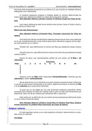 Curso de Visual Basic 6.0 - Lección 1                        Area Interactiva - www.areaint.com
                  elemento está ocupando la posición 0 y el último la 5, por lo tanto en realidad estamos
                  trabajando con 6 elementos.

                         Si nosotros deseamos empezar a trabajar desde un número determinado de
                  índice hasta otro deberemos definir la matriz de la siguiente manera:
                         Dim [Nombre Matriz] ([Índice inicial] To [Índice final]) As [Tipo de da-
                  tos]

                        Una matriz definida de esta forma tendrá como primer índice el Índice inicial y
                  como último el Índice final.

                  Matriz de más dimensiones

                        Dim [Nombre Matriz] ([Tamaño fila], [Tamaño columna]) As [Tipo de
                  datos]

                         Una matriz de más de una dimensión podemos pensar que es como una cuadricula
                  en la que necesitaremos dos o más índices para hacer referencia a alguno de los obje-
                  tos que tenemos en su interior.

                         Tamaño fila: aquí definiremos el número de filas que deseamos tenga nuestra
                  matriz.

                         Tamaño columna: aquí definiremos el número de columnas que deseamos tenga
                  nuestra matriz.

                         Vamos ha hacer una representación gráfica de una matriz con 5 filas y 10
                  columnas:
                                                       Columnas
                   Filas      1    2     3     4     5     6      7    8    9            10
                         1
                         2
                         3
                         4
                         5

                       Observa como las filas están dispuestas horizontalmente, mientras que las
                  columnas lo hacen verticalmente.

                          Así de esta forma, en el momento en el que nosotros queremos hacer referencia
                  a uno de los elementos introducidos en la matriz, deberemos indicar el número de fila
                  y el de columna que ocupa dicho elemento.

                         Al igual que en las tablas de una sola dimensión podemos especificar donde
                  queremos que empiece el índice de nuestra matriz, pero en este caso tendremos que
                  especificar cada uno de los índices que utilizamos (fila y columna).

                           Esta podría ser la definición de una matriz de dos dimensiones definiendo tanto
WWW.AREAINT.COM




                  el inicio como el final del índice.

                          Dim [Nombre Matriz] ([Índice inicial fila] To [Índice final fila], [Índice
                  inicial columna] To [Índice final columna]) As [Tipo de datos]

           Asignar valores

                         En este apartado vamos a ver como podemos introducir valores tanto en varia-
                  bles como en matrices.

                  Variables


                                                       Pág. 56
 