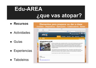Edu-AREA
¿que vas atopar?
●  Recursos
●  Actividades
●  Guías
●  Experiencias
●  Taboleiros
Elementos para preparar ou dar a clase
Contidos – Dispositivos – Aplicacións – Colaboradores - Saídas
 