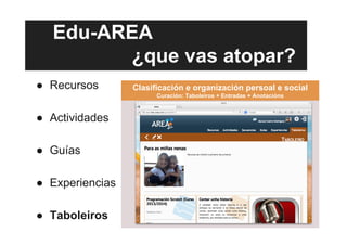Edu-AREA
¿que vas atopar?
●  Recursos
●  Actividades
●  Guías
●  Experiencias
●  Taboleiros
Clasificación e organización persoal e social
Curación: Taboleiros + Entradas + Anotacións
 