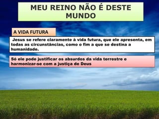 MEU REINO NÃO É DESTE
MUNDO
A VIDA FUTURA
Jesus se refere claramente à vida futura, que ele apresenta, em
todas as circunstâncias, como o fim a que se destina a
humanidade.
Só ele pode justificar os absurdos da vida terrestre e
harmonizar-se com a justiça de Deus
 