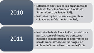 • Estabelece diretrizes para a organização da
Rede de Atenção à Saúde no âmbito do
Sistema Único de Saúde (SUS);
• Institui as regiões de saúde e garante o
cuidado em saúde mental nas RAS;
2010
• Institui a Rede de Atenção Psicossocial para
pessoas com sofrimento ou transtorno
mental e com necessidades decorrentes do
uso de crack, álcool e outras drogas, no
âmbito do Sistema Único de saúde (SUS).
2011
 