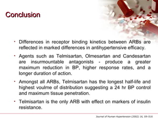 ConclusionConclusion
• Differences in receptor binding kinetics between ARBs are
reflected in marked differences in antihypertensive efficacy.
• Agents such as Telmisartan, Olmesartan and Candesartan
are insurmountable antagonists - produce a greater
maximum reduction in BP, higher response rates, and a
longer duration of action.
• Amongst all ARBs, Telmisartan has the longest half-life and
highest voulme of distribution suggesting a 24 hr BP control
and maximum tissue penetration.
• Telmisartan is the only ARB with effect on markers of insulin
resistance.
Journal of Human Hypertension (2002) 16, S9–S16
 