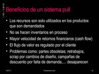 Beneficios de un sistema pull Los recursos son solo utilizados en los productos que son demandados No se hacen inventarios en proceso Mayor velocidad de retornos financieros (cash flow) El flujo de valor es regulado por el cliente Problemas como: partes obsoletas ;  retrabajos, scrap por cambios de diseño, campañas de descuento por falta de demanda,… desaparecen 18/07/11 Pensamiento Lean 