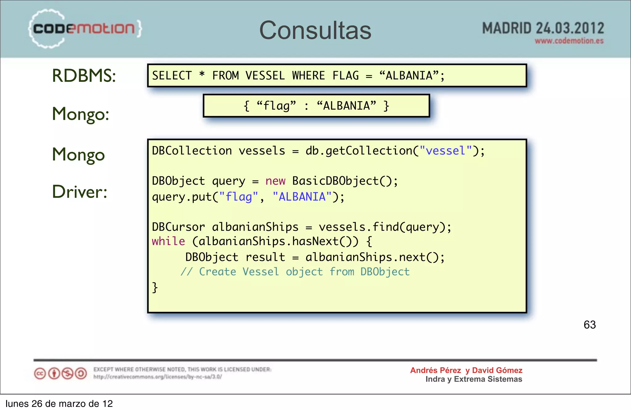 Consultas
         RDBMS:           SELECT * FROM VESSEL WHERE FLAG = “ALBANIA”;

                                       { “flag” : “ALBANIA” }
         Mongo:

         Mongo            DBCollection vessels = db.getCollection("vessel");

                          DBObject query = new BasicDBObject();
         Driver:          query.put("flag", "ALBANIA");

                          DBCursor albanianShips = vessels.find(query);
                          while (albanianShips.hasNext()) {
                                DBObject result = albanianShips.next();
                             	 // Create Vessel object from DBObject
                          }


                                                                                                63



                                                                  Andrés Pérez y David Gómez
                                                                     Indra y Extrema Sistemas


lunes 26 de marzo de 12
 
