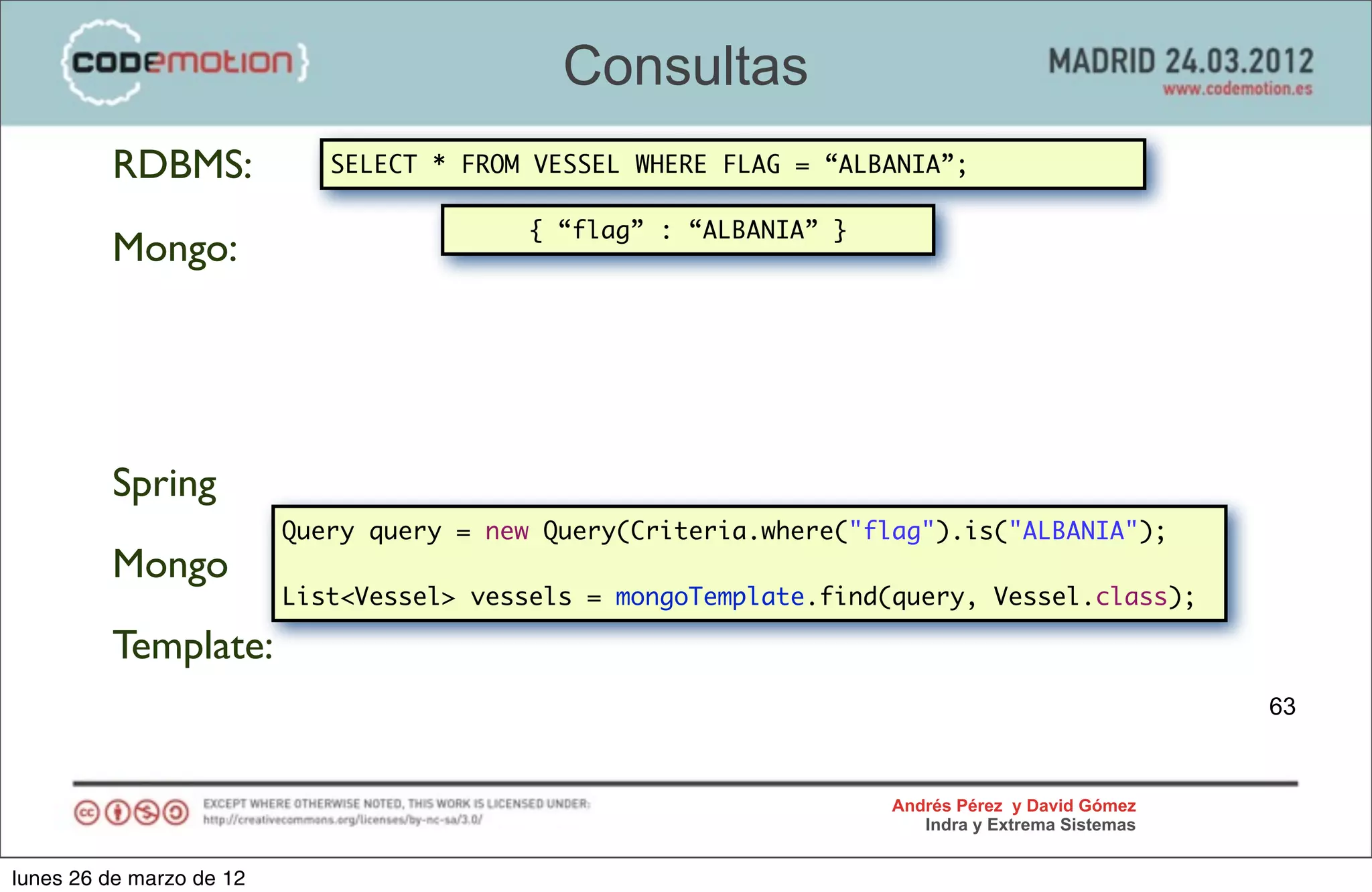 Consultas
         RDBMS:              SELECT * FROM VESSEL WHERE FLAG = “ALBANIA”;

                                          { “flag” : “ALBANIA” }
         Mongo:




         Spring
                          Query query = new Query(Criteria.where("flag").is("ALBANIA");
         Mongo
                          List<Vessel> vessels = mongoTemplate.find(query, Vessel.class);

         Template:
                                                                                                  63



                                                                    Andrés Pérez y David Gómez
                                                                       Indra y Extrema Sistemas


lunes 26 de marzo de 12
 