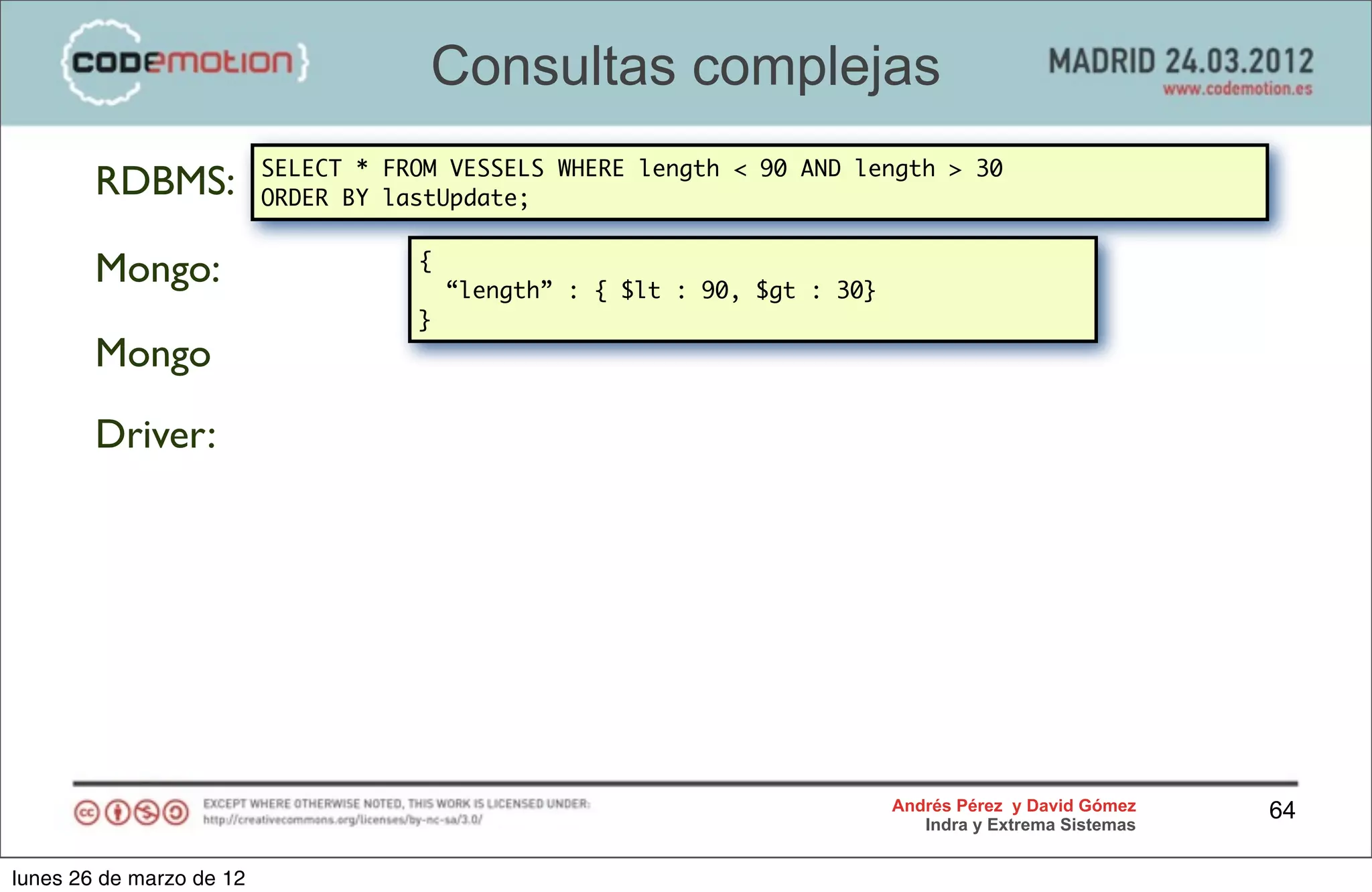 Consultas complejas
                          SELECT * FROM VESSELS WHERE length < 90 AND length > 30
        RDBMS:            ORDER BY lastUpdate;


        Mongo:                       {
                                         “length” : { $lt : 90, $gt : 30}
                                     }
        Mongo
        Driver:




                                                                            Andrés Pérez y David Gómez    64
                                                                               Indra y Extrema Sistemas


lunes 26 de marzo de 12
 