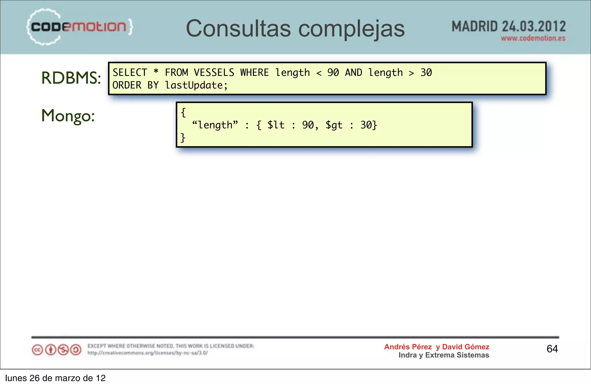 Consultas complejas
                          SELECT * FROM VESSELS WHERE length < 90 AND length > 30
        RDBMS:            ORDER BY lastUpdate;


        Mongo:                       {
                                         “length” : { $lt : 90, $gt : 30}
                                     }




                                                                            Andrés Pérez y David Gómez    64
                                                                               Indra y Extrema Sistemas


lunes 26 de marzo de 12
 