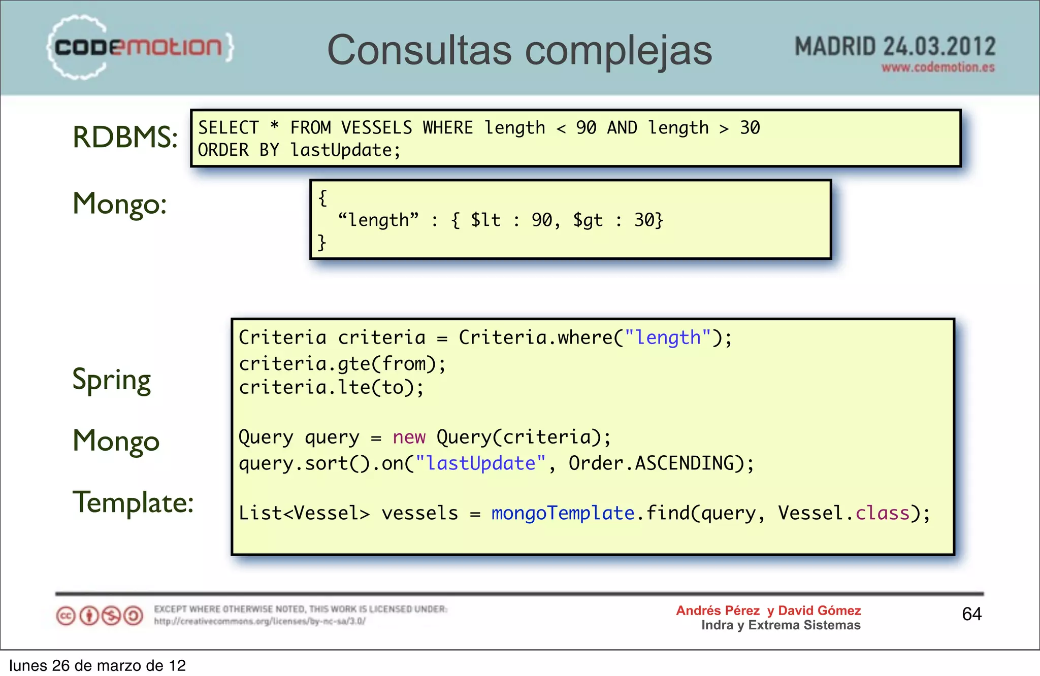 Consultas complejas
                          SELECT * FROM VESSELS WHERE length < 90 AND length > 30
        RDBMS:            ORDER BY lastUpdate;


        Mongo:                       {
                                         “length” : { $lt : 90, $gt : 30}
                                     }




                             Criteria criteria = Criteria.where("length");
                             criteria.gte(from);
        Spring               criteria.lte(to);


        Mongo                Query query = new Query(criteria);
                             query.sort().on("lastUpdate", Order.ASCENDING);

        Template:            List<Vessel> vessels = mongoTemplate.find(query, Vessel.class);




                                                                            Andrés Pérez y David Gómez    64
                                                                               Indra y Extrema Sistemas


lunes 26 de marzo de 12
 