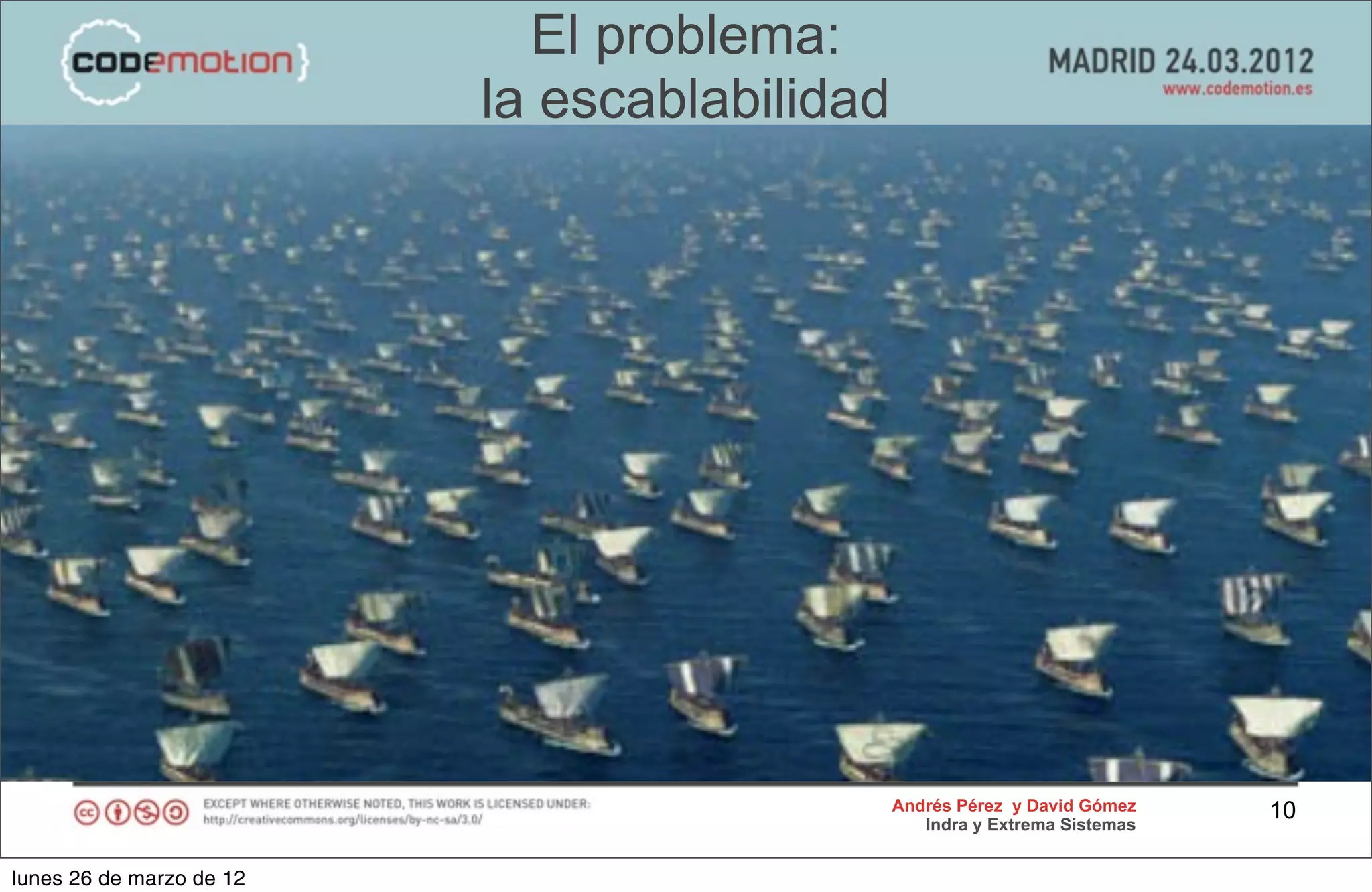 El problema:
                          la escablabilidad




                                              Andrés Pérez y David Gómez    10
                                                 Indra y Extrema Sistemas


lunes 26 de marzo de 12
 