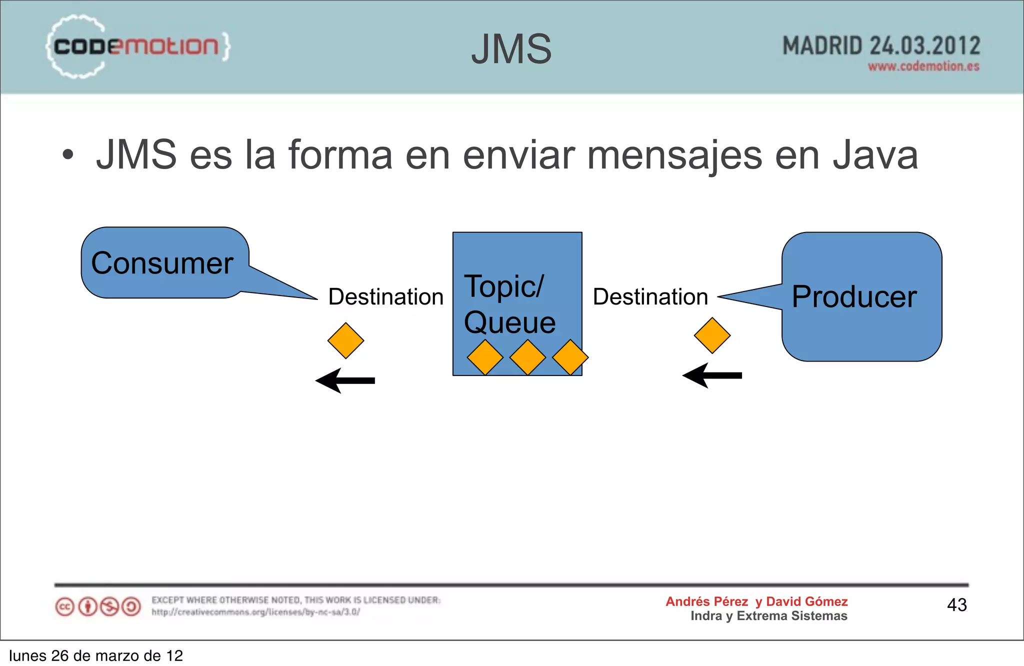 JMS

      • JMS es la forma en enviar mensajes en Java

          Consumer
                          Destination   Topic/   Destination             Producer
                                        Queue




                                                       Andrés Pérez y David Gómez    43
                                                          Indra y Extrema Sistemas


lunes 26 de marzo de 12
 
