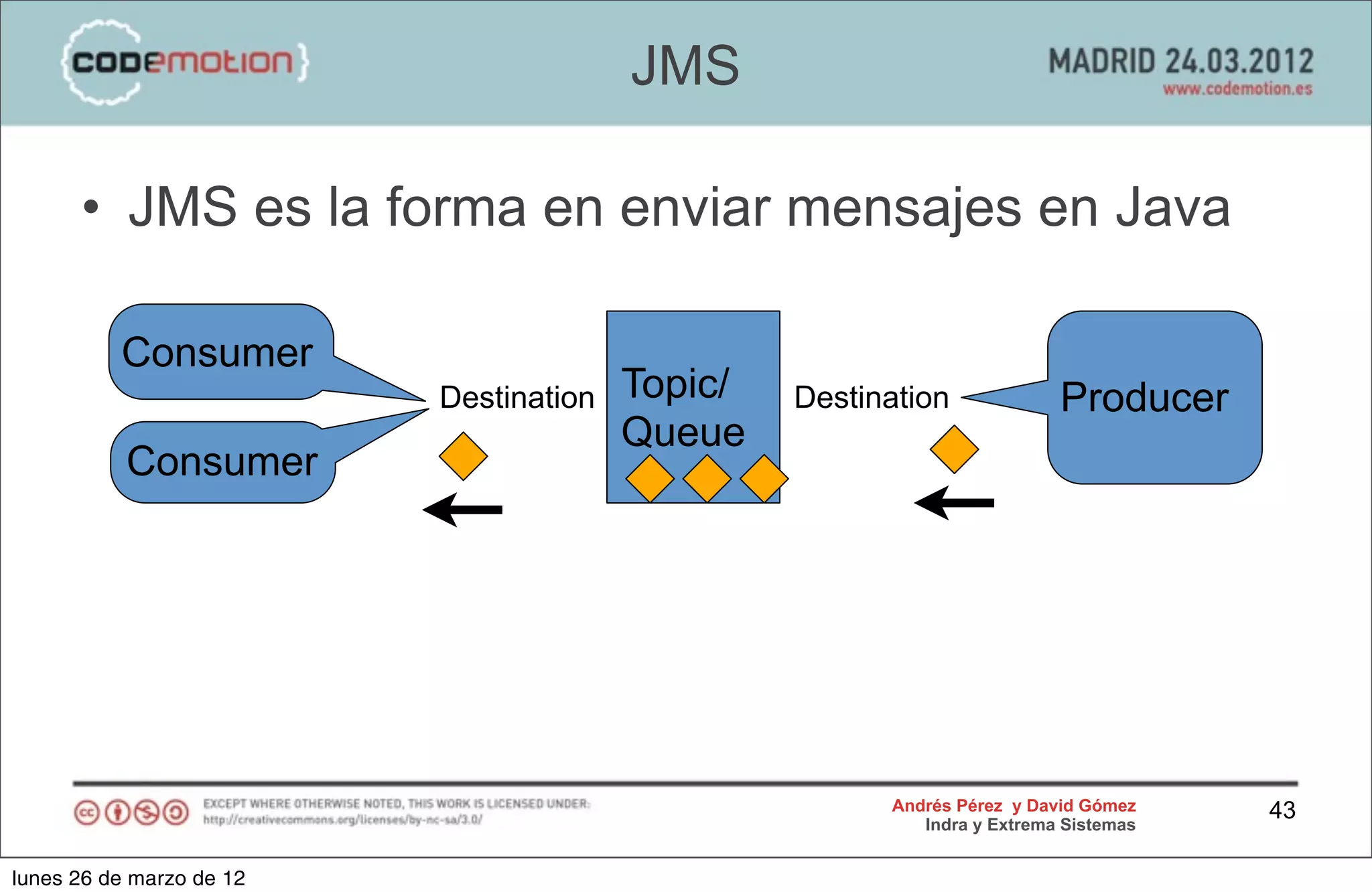 JMS

      • JMS es la forma en enviar mensajes en Java

          Consumer
                          Destination   Topic/   Destination             Producer
                                        Queue
           Consumer




                                                       Andrés Pérez y David Gómez    43
                                                          Indra y Extrema Sistemas


lunes 26 de marzo de 12
 