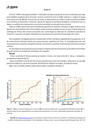 Grupo III
O termo“anfíbio”(do gregoamphibios=“vidadupla”) designaumgrupode animais vertebrados que ocupa
tanto habitats aquáticos como terrestres. Existem atualmente cerca de 8100 espécies e a origem do grupo
remontahá cerca de 340 Ma. Inclui asrãs e os sapos,as salamandrase os tritõese ainda oscecilianos(anfíbios
sem membros semelhantes a minhocas). Apesar de algumas semelhanças biológicas e anatómicas com os
répteis, os anfíbios não representam uma forma intermédia na evolução destes animais.
Todos os anfíbiosapresentampele humedecida e geralmente acasalame desovamna água, onde as larvas
passam por metamorfoses até à forma adulta, embora existam espécies em que os ovos se desenvolvemno
estômago da fêmea. São animais procurados para alimentação ou obtenção de substâncias utilizadas na
medicina, e assumem um papel importante nos ecossistemas no controlo de populações de insetos.
Uma equipade investigaçãoprocurou compreendermelhoracomplexaregulaçãodastrocas gasosas na rã-
de-unhas-africana (Xenopus laevis), que apresenta duas superfícies de troca. A ventilação pulmonar está
relacionadacom a sequênciamergulho-emersão,masmesmoàsuperfície raramenteocorre de formacontínua
e rítmica.
Um dosobjetivosdoestudo passouporestudarainfluênciadosdoismecanismosassociadosàtransferência
de gases durante os períodos de ventilação e de mergulho.
Método
- Foram recolhidas 47 fêmeas adultas da espécie X. laevis, com peso entre 80 e 120 g, e colocadas à
temperatura ambiente (20 °C).
- Após um período inicial de 20 a 40 minutos para descanso antes das medições, determinou-se a pressão
parcial de oxigénio (e, de forma ocasional, de dióxido de carbono) no sangue, ao longo do tempo.
Alguns dos resultados obtidos estão representados nos gráficos da figura 3.
Figura 3 – (A) Consumo de oxigénio por X. laevis e (B) consumo de oxigénio ( ) e produção de dióxido de carbono ( );
na parte superior está representada a variação do volume pulmonar e as zonas sombreadas representam períodos de
emersão.
Baseado em www.britannica.com(consultado em outubro 2021) e Emilio,M. e Shelton, G. (1974) Gas exchange and
its effect on blood gas concentrations in the amphibian, Xenopus laevis.Journal of Experimental Biology,60, pp. 567-579
 
