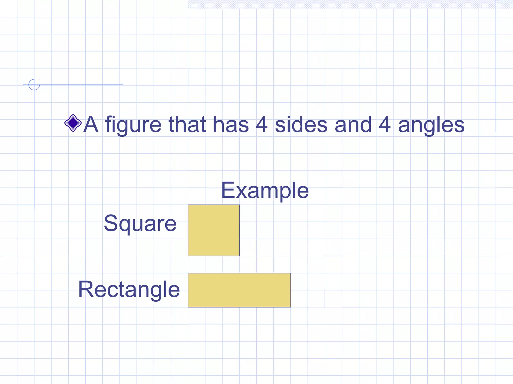A figure that has 4 sides and 4 angles
Example
Square
Rectangle