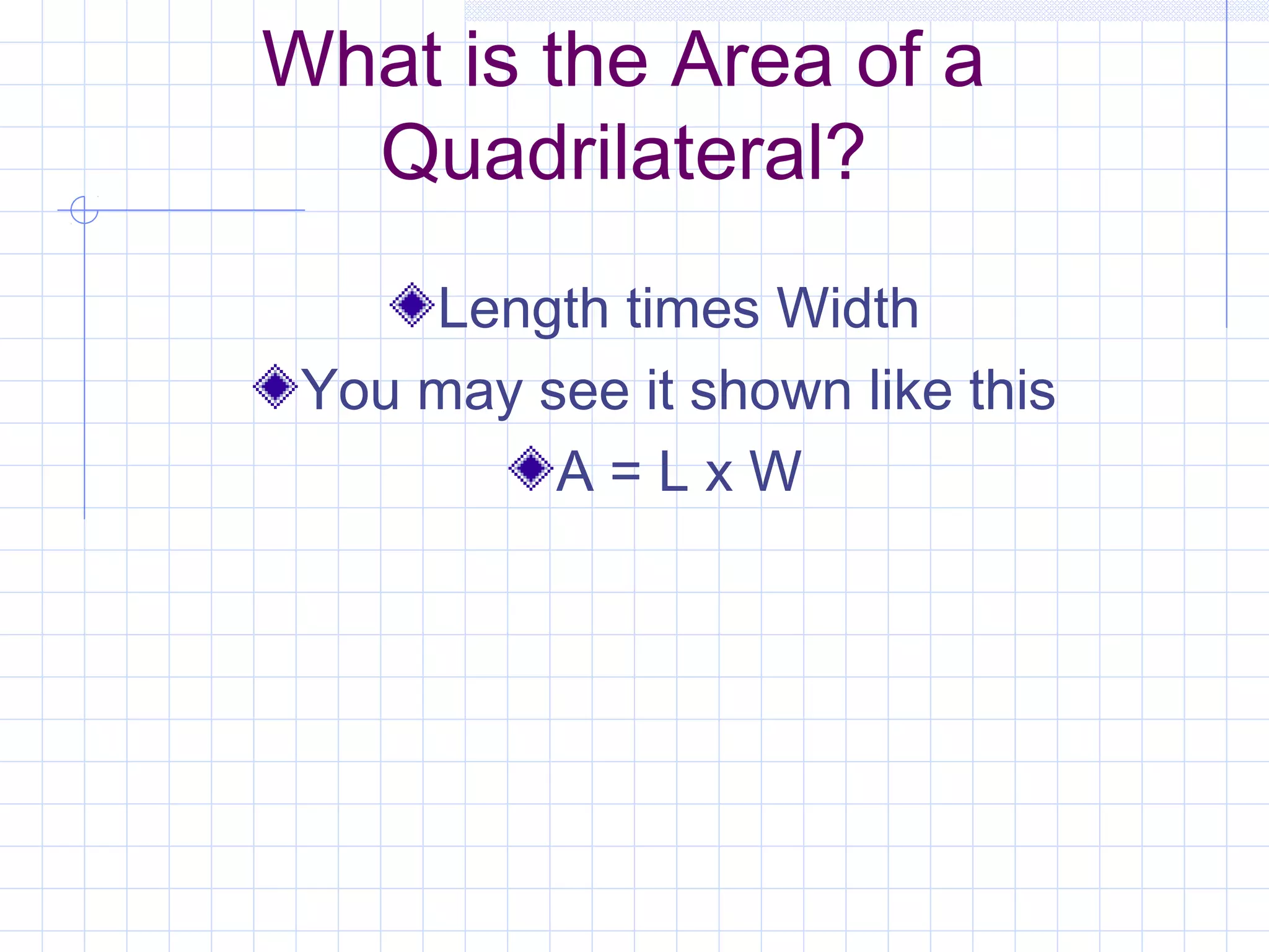 What is the Area of a
Quadrilateral?
Length times Width
You may see it shown like this
A = L x W