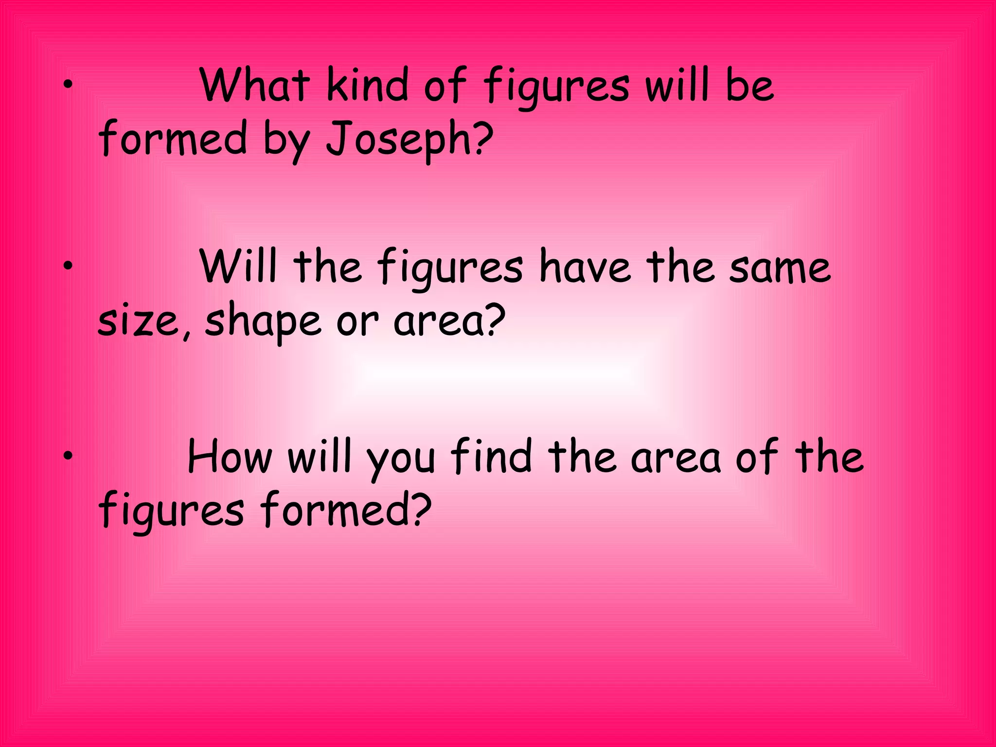 • 　　 What kind of figures will be
formed by Joseph?
• 　　 Will the figures have the same
size, shape or area?
• How will you find the area of the
figures formed?
 