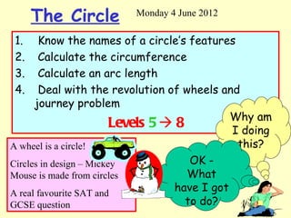 The Circle          Monday 4 June 2012

1.     Know the names of a circle’s features
2.     Calculate the circumference
3.     Calculate an arc length
4.     Deal with the revolution of wheels and
      journey problem
                                              Why am
                         Levels 5  8         I doing
A wheel is a circle!                           this?
Circles in design – Mickey             OK -
Mouse is made from circles            What
A real favourite SAT and
                                   have I got
GCSE question                         to do?
 