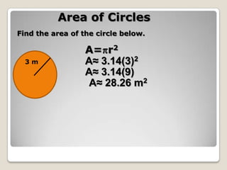 Area of CirclesFind the area of the circle below.A=r2			A≈ 3.14(3)2A≈ 3.14(9)    A≈ 28.26 m23 m