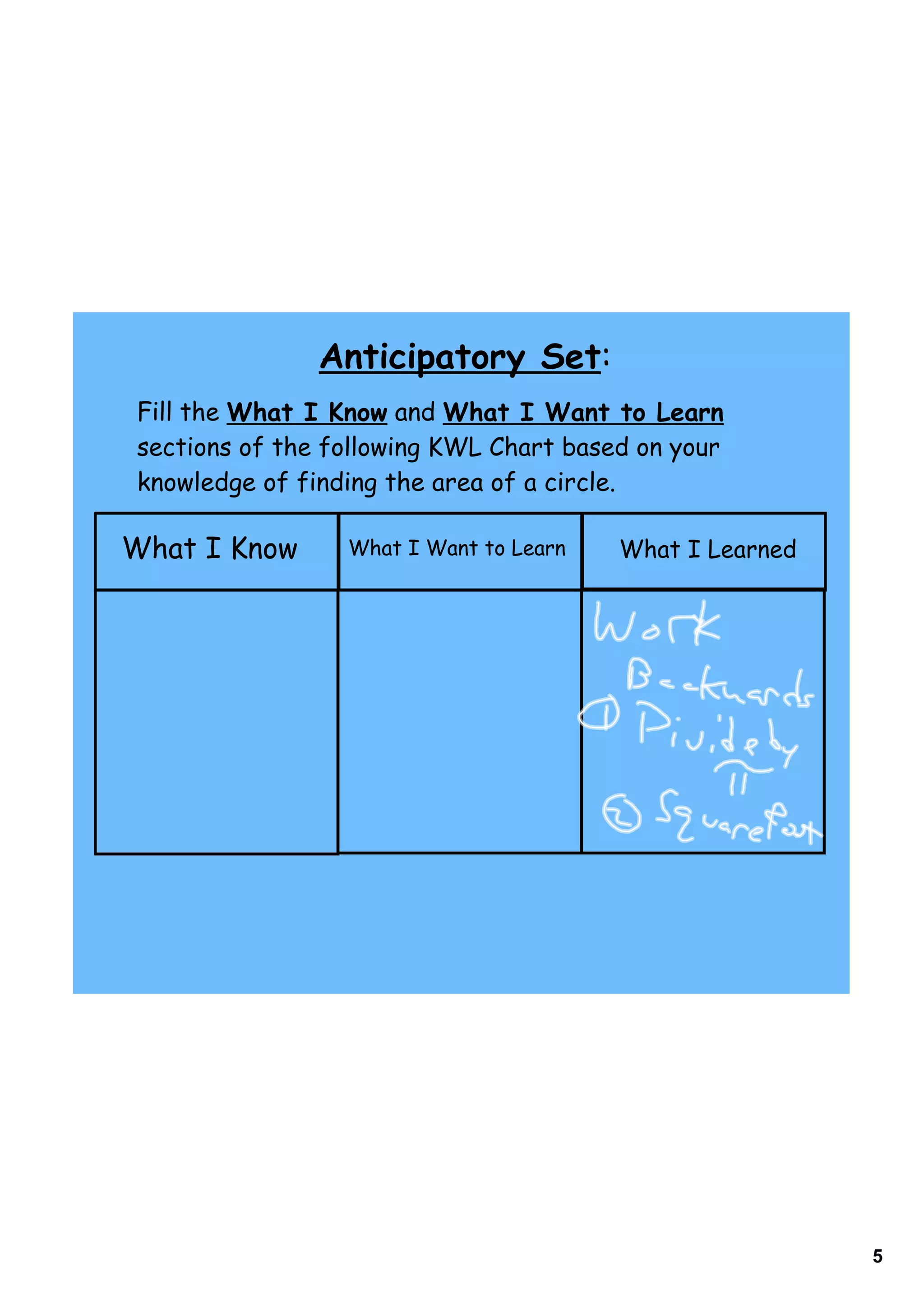 Anticipatory Set:
Fill the What I Know and What I Want to Learn
sections of the following KWL Chart based on your
knowledge of finding the area of a circle.

What I Know      What I Want to Learn   What I Learned




                                                         5
 